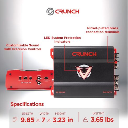 Crunch 3125W 2 قناة مضخم صوت مضخم صوت مع عمليات انتقال قابلة للتعديل ، Bass Knob & Remote ، LED VU-Met in Kuwait