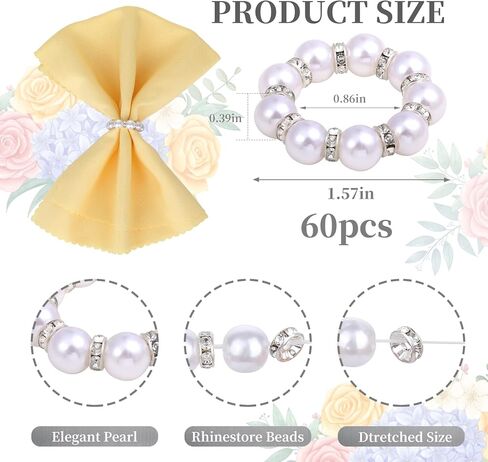 60 PCS حلقات منديل قابلة للتخلص من الذهب ، حلقات منديل لؤلؤة بؤلؤي ، حلقات من الغياب البيض والذهبي المزيج بالخرز من أجل عشاء الزفاف الرسمي لوازم حفلات المنزل (الذهب ، 60 قطعة) in Kuwait