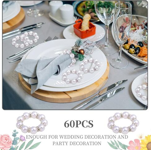 60 PCS حلقات منديل قابلة للتخلص من الذهب ، حلقات منديل لؤلؤة بؤلؤي ، حلقات من الغياب البيض والذهبي المزيج بالخرز من أجل عشاء الزفاف الرسمي لوازم حفلات المنزل (الذهب ، 60 قطعة) in Kuwait