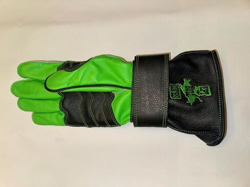 Premium Reinforced Bull Riding Glove w Strap - Adult & Youth Outer Seam Right or Left Hand Black & Green Calf Skin Sizes: 5.0-10.5 in Saudi Arabia