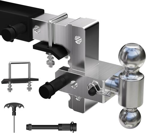 Adjustable Trailer Hitch, 8 Inch Drop & Rise Hitch Fits 2 Inch Receiver, 8000-12500 LBS Dual Ball Heavy Duty Aluminum Tow Hitch with Locking Hitch Pins & Lock Down Hitch Tightener in Saudi Arabia
