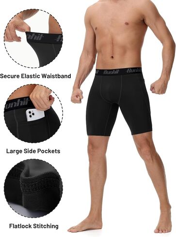 Runhit 2 Pack Mens Compression Shorts with Pockets 9" Performance Spandex Underwear Sport Athletic Workout Running Base Layer in Saudi Arabia