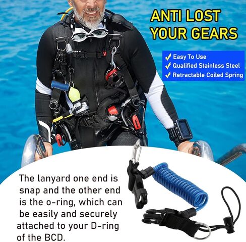 Scuba Diving Lanyard Heavy Duty Stainless Steel Core Spring Coiled Lanyard Dive Clips with Quick Release Buckle for Scuba Diving, Flashlights, Cameras in Kuwait