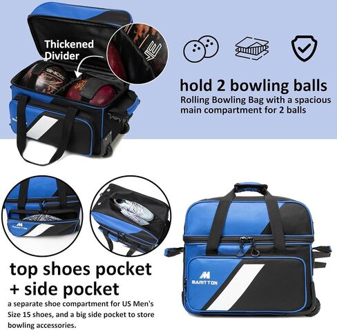Bowling Bag with Wheels Double Roller 2 Ball Bowling Separate Shoe Compartment and Oversized Accessory Pocket, 36.6" Extendable Handle. in Saudi Arabia