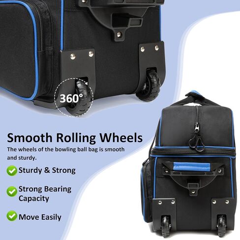 Bowling Bag with Wheels Double Roller 2 Ball Bowling Separate Shoe Compartment and Oversized Accessory Pocket, 36.6" Extendable Handle. in Saudi Arabia