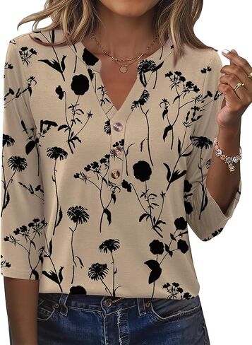 Rapbin Women's Tops V Neck 3/4 Sleeve Button Down Business Casual Blouses Summer Tees Shirts in Kuwait