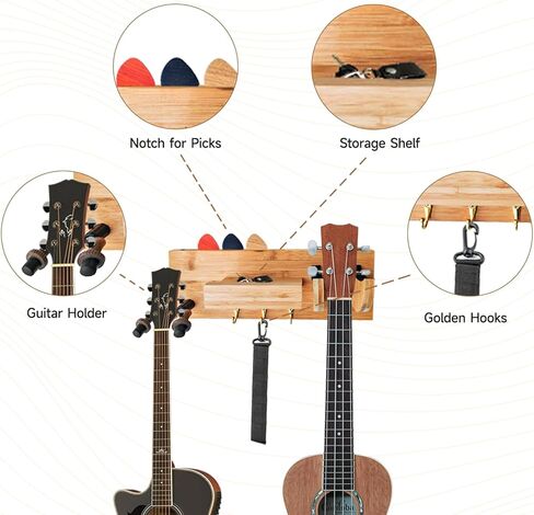جبل الجيتار الجيتار الخيزران - شماعات رف الجيتار مع 3 خطافات وحامل اختيار ، شماعات الغيتار الخشبية للرفوف الصوتية ، الكهربائية ، الباص ، القيثارة ، الغيتار الملحقات in Kuwait