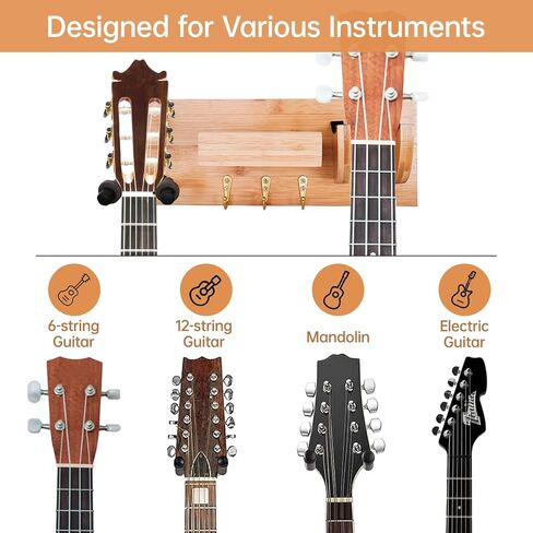 جبل الجيتار الجيتار الخيزران - شماعات رف الجيتار مع 3 خطافات وحامل اختيار ، شماعات الغيتار الخشبية للرفوف الصوتية ، الكهربائية ، الباص ، القيثارة ، الغيتار الملحقات in Kuwait