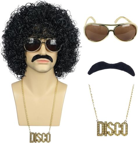 karlery Men Women Rocker Short Bob Curly Brown Gold Mustache Beard Disco Wig California Halloween Cosplay Afro Wig Anime Costume Party Wig in Saudi Arabia
