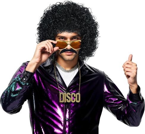 karlery Men Women Rocker Short Bob Curly Brown Gold Mustache Beard Disco Wig California Halloween Cosplay Afro Wig Anime Costume Party Wig in Saudi Arabia