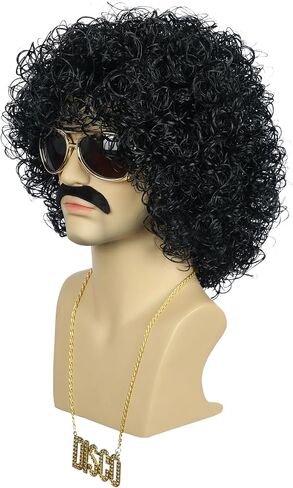 karlery Men Women Rocker Short Bob Curly Brown Gold Mustache Beard Disco Wig California Halloween Cosplay Afro Wig Anime Costume Party Wig in Saudi Arabia