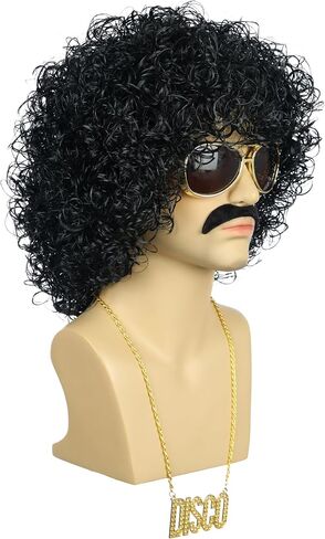 karlery Men Women Rocker Short Bob Curly Brown Gold Mustache Beard Disco Wig California Halloween Cosplay Afro Wig Anime Costume Party Wig in Saudi Arabia