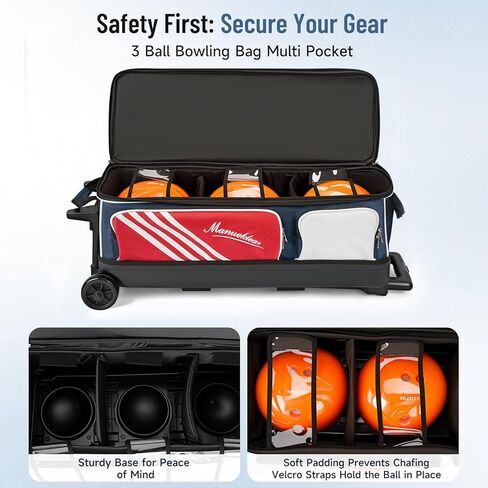 MANUEKLEAR 3 Ball Bowling Bags with Wheels, Bowling Ball Bag 3 Ball Roller with Accessory Pockets and Shoe Compartment in Kuwait