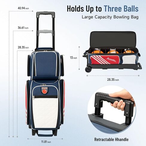 MANUEKLEAR 3 Ball Bowling Bags with Wheels, Bowling Ball Bag 3 Ball Roller with Accessory Pockets and Shoe Compartment in Kuwait