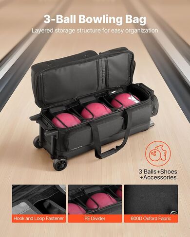 VEVOR Bowling Ball Bag, 3 Ball Double Roller Bowling Bag with Wheels, Featuring a Separate Compartment for Shoes (Up To US Size 16) & Oversized Accessory Pocket, Retractable Handle Extends to 41.34 in in Saudi Arabia