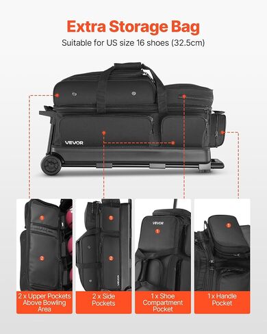 VEVOR Bowling Ball Bag, 3 Ball Double Roller Bowling Bag with Wheels, Featuring a Separate Compartment for Shoes (Up To US Size 16) & Oversized Accessory Pocket, Retractable Handle Extends to 41.34 in in Saudi Arabia