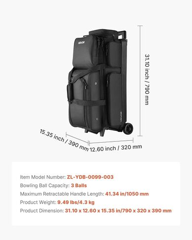 VEVOR Bowling Ball Bag, 3 Ball Double Roller Bowling Bag with Wheels, Featuring a Separate Compartment for Shoes (Up To US Size 16) & Oversized Accessory Pocket, Retractable Handle Extends to 41.34 in in Saudi Arabia
