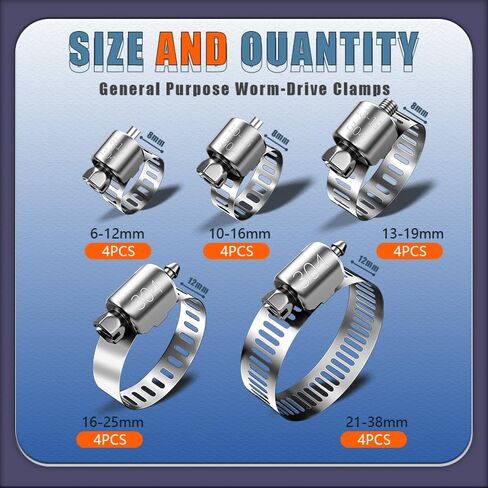 مجموعة تشكيلات المشابك خرطوم ، 20pcs 1/4 ''-1-1/2 '' (6-38 مم) مشبك أنابيب الصلب غير القابل للصدأ ، مشبك أنبوب تروس الدودة القابل للتعديل للسيارات ، السباكة ، الغسالة ، الميكانيكية in Saudi Arabia