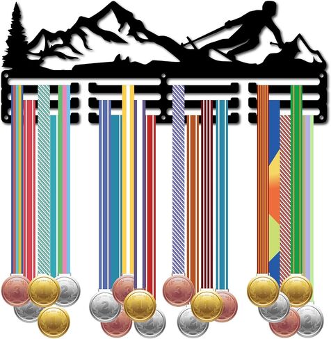 CREATCABIN Skiing Medal Holder Sports Medal Hanger Display Ski Race Awards Iron Hooks Rack Frame Wall Mounted Hanging Over 60+ Medals for Medalist Skating Runner Marathon Athlete Gift 15.7 x 5.9Inch in Saudi Arabia