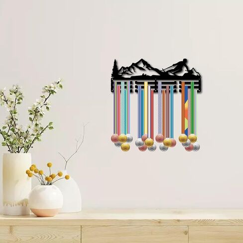 CREATCABIN Skiing Medal Holder Sports Medal Hanger Display Ski Race Awards Iron Hooks Rack Frame Wall Mounted Hanging Over 60+ Medals for Medalist Skating Runner Marathon Athlete Gift 15.7 x 5.9Inch in Saudi Arabia
