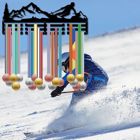 CREATCABIN Skiing Medal Holder Sports Medal Hanger Display Ski Race Awards Iron Hooks Rack Frame Wall Mounted Hanging Over 60+ Medals for Medalist Skating Runner Marathon Athlete Gift 15.7 x 5.9Inch in Saudi Arabia