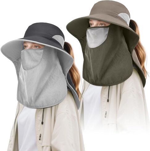 2 حزمة نساء في الهواء الطلق قبعة شمس واسعة مع رفرف وجه الرقبة ، UPF 50 حماية الصيد قبعات عمل حديقة العمل مع ذيل الحصان in Kuwait