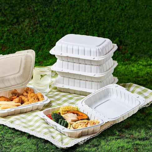 8x8 3-COMPARTMENT 50 عبوة البلاستيك البطلينوس تناول الطعام في الغذاء صواني الغذاء الثقيلة توغو قابلة للتصرف في صندوق التعبئة والتغليف الحاويات المقصورة مع غطاء مضى آمن (فولنج سابقًا) in Kuwait