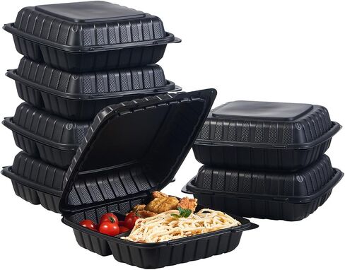 8x8 3-COMPARTMENT 50 عبوة البلاستيك البطلينوس تناول الطعام في الغذاء صواني الغذاء الثقيلة توغو قابلة للتصرف في صندوق التعبئة والتغليف الحاويات المقصورة مع غطاء مضى آمن (فولنج سابقًا) in Kuwait