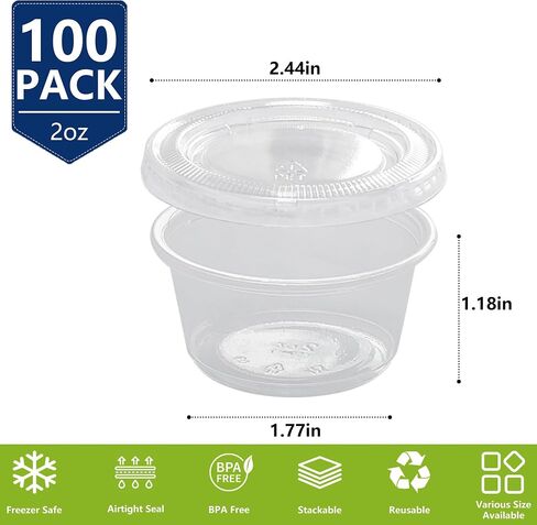 2oz crystal jello طلقة الكؤوس مع الأغطية 100 مجموعة ، وسرقة تسرب وفريزر آمنة وجبة صغيرة من الكؤوس البلاستيك جزء من صلصة الحلوى السلطة Souffle ، وأكواب تخزين الطعام لرحلات حفلات الغداء in Kuwait