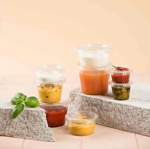2oz crystal jello طلقة الكؤوس مع الأغطية 100 مجموعة ، وسرقة تسرب وفريزر آمنة وجبة صغيرة من الكؤوس البلاستيك جزء من صلصة الحلوى السلطة Souffle ، وأكواب تخزين الطعام لرحلات حفلات الغداء in Kuwait
