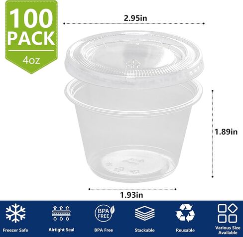 2oz Crystal Jello Shot Cups with Lids 100 Set, Leakproof & Freezer Safe Small Meal Prep Plastic Portion Cups for Salad Dessert Condiment Sauce Souffle, Food Storage Cups for Lunch Party Trips in Saudi Arabia