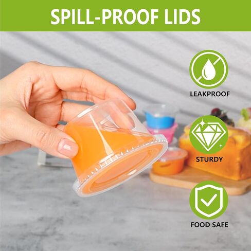 2oz Crystal Jello Shot Cups with Lids 100 Set, Leakproof & Freezer Safe Small Meal Prep Plastic Portion Cups for Salad Dessert Condiment Sauce Souffle, Food Storage Cups for Lunch Party Trips in Saudi Arabia