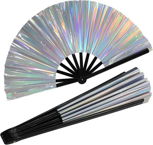 Large Folding Hand PVC Rave Fan for Men/Women Holographic Rave Fan for Women Clack Folding Hand Fans Festival Rave Fan Handheld Large Shining Handheld Renaissance Folding Hand Fan Purple in Saudi Arabia
