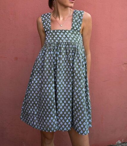 Women Tie Shoulder Mini Dress Floral Ruffle Babydoll Dress Boho Square Neck Sundress Cute Summer Dresses in Saudi Arabia