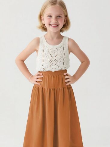Girls Casual Elastic High Waist Maxi Skirt A-Line Long Swing Linen Skirt with Pockets for 4-13 Years in Saudi Arabia