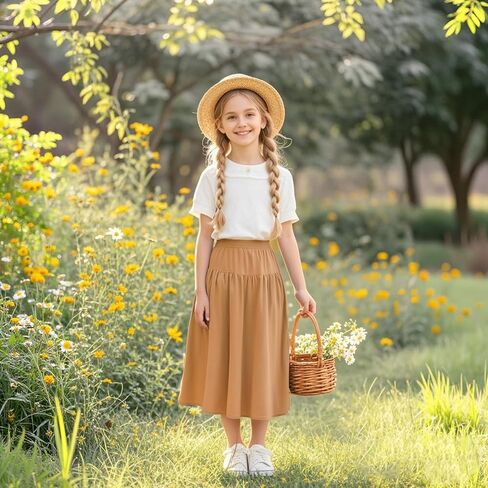 Girls Casual Elastic High Waist Maxi Skirt A-Line Long Swing Linen Skirt with Pockets for 4-13 Years in Saudi Arabia