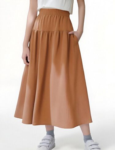 Girls Casual Elastic High Waist Maxi Skirt A-Line Long Swing Linen Skirt with Pockets for 4-13 Years in Saudi Arabia