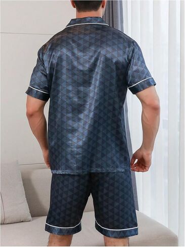 WDIRARA MEN'S 2 قطعة نمر طباعة ساتان بيجاما مجموعة الأزرار أسفل شورت قصير الأكمام in Saudi Arabia