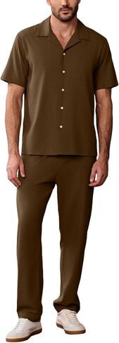 Kallspin Men's 2 Piece Outfit Shirt and Pants Set Casual Cuban Shirt Drawstring Pants Beach Outfit for Summer Vacation in Saudi Arabia