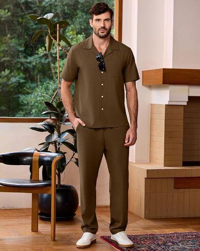 Kallspin Men's 2 Piece Outfit Shirt and Pants Set Casual Cuban Shirt Drawstring Pants Beach Outfit for Summer Vacation in Saudi Arabia