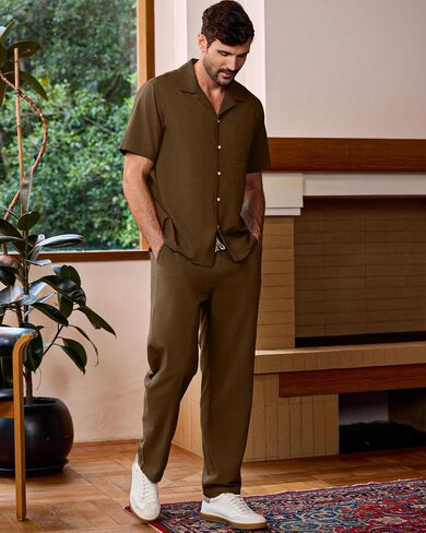Kallspin Men's 2 Piece Outfit Shirt and Pants Set Casual Cuban Shirt Drawstring Pants Beach Outfit for Summer Vacation in Saudi Arabia