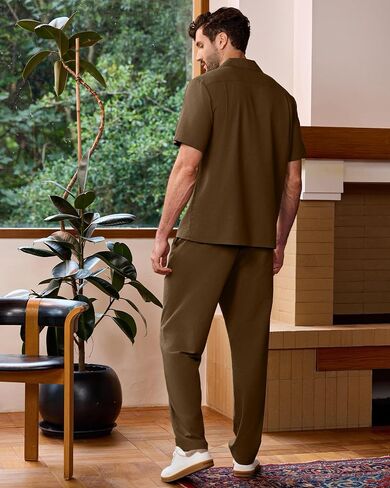 Kallspin Men's 2 Piece Outfit Shirt and Pants Set Casual Cuban Shirt Drawstring Pants Beach Outfit for Summer Vacation in Saudi Arabia
