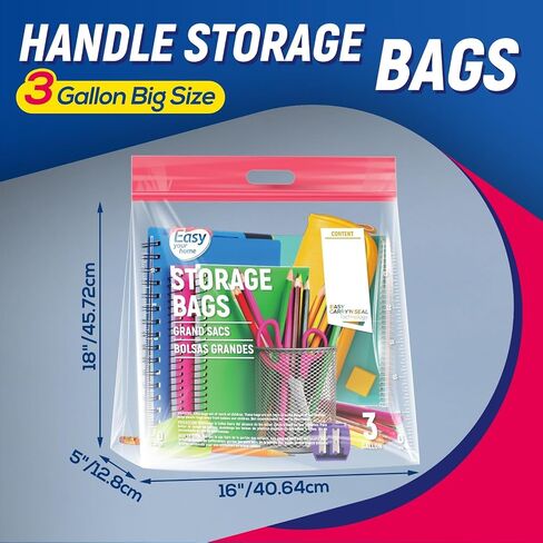 3 Gallon Zipper Lock Plastic Bags with Handle and Bottom,16"x18",Extra Large Size Reusable Storage Bag with Double Zip for Clothing,Travel,Moving,Beach,BPA-Free,3-Mil Thick in Saudi Arabia