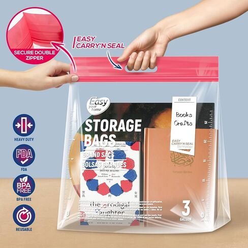 3 Gallon Zipper Lock Plastic Bags with Handle and Bottom,16"x18",Extra Large Size Reusable Storage Bag with Double Zip for Clothing,Travel,Moving,Beach,BPA-Free,3-Mil Thick in Saudi Arabia