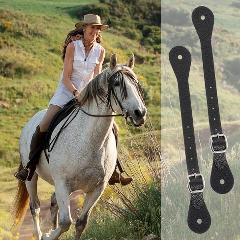 2 Pcs Leather Spurs for Cowboy Boots, 10 Inches Adjustabl Spur Straps with 6 Holes for Western Men and Women's Boots Equipment Bull Riding Spurs Horse Riding Accessories - Black in Saudi Arabia