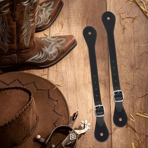 2 Pcs Leather Spurs for Cowboy Boots, 10 Inches Adjustabl Spur Straps with 6 Holes for Western Men and Women's Boots Equipment Bull Riding Spurs Horse Riding Accessories - Black in Saudi Arabia