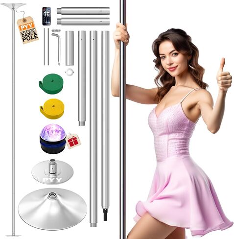 PYY Dance Pole - قطب الرقص القابل للتعديل والمحمول لحانة استوديو الصالة الرياضية المنزلية لسقوف 88 "-132" ، وإنهاء 45 ملم للكروم ، والغزل والستاتي ، لا مطلوب حفر ، مع أضواء مرحلة LED عن بُعد ، فضية ، فضية in Saudi Arabia
