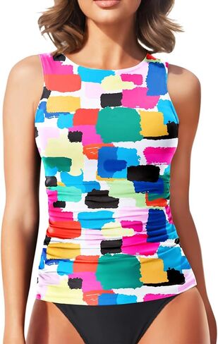 قمم Tankini السوداء للنساء - أعلى رقبة سباحة أعلى فقط بدلات الاستحمام مضلعة زر السباحة لا يوجد قاع l in Kuwait