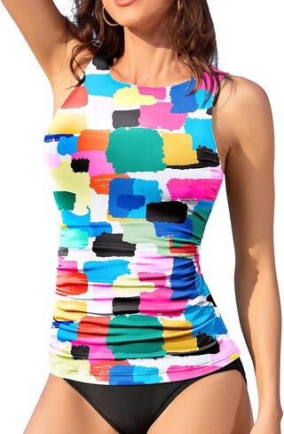 قمم Tankini السوداء للنساء - أعلى رقبة سباحة أعلى فقط بدلات الاستحمام مضلعة زر السباحة لا يوجد قاع l in Kuwait