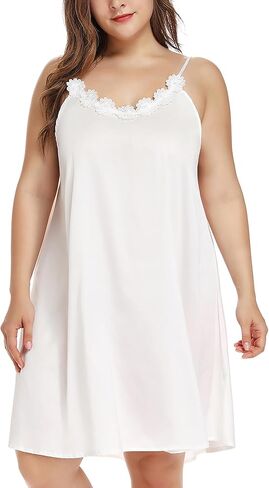 Women's Plus Size Silk Nightgown Sleeveless Chemise Slip Lingerie Sleepwear with Floral Neckline in Kuwait